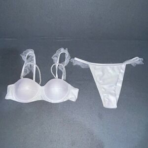 Shimmery White Pearl Lingerie Set Bra‎ Thong Ruffle Trim  Sexy Women's Intimates